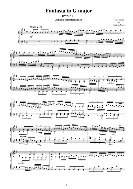 Bach Fantasia BWV571 score pdf