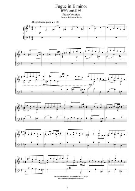 Bach Fugue BWVanhII93 score pdf