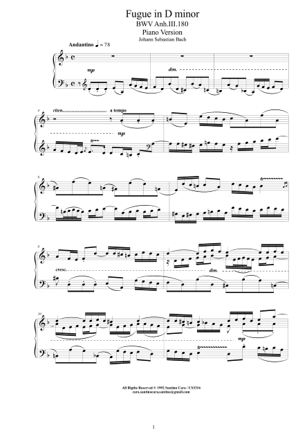 Bach Fugue BWVanhIII180 score pdf