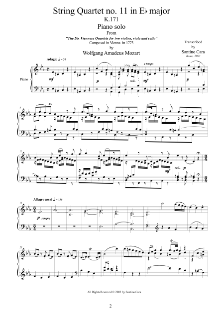 Mozart String Quartet No11 Piano Score