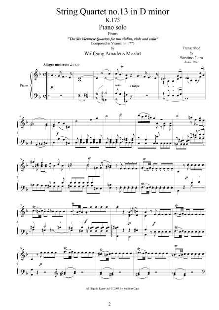 Mozart String Quartet No13 Piano Score