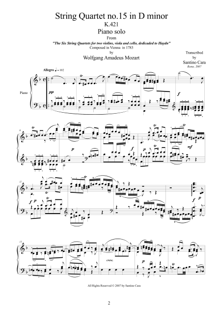 Mozart String Quartet No15 Piano Score