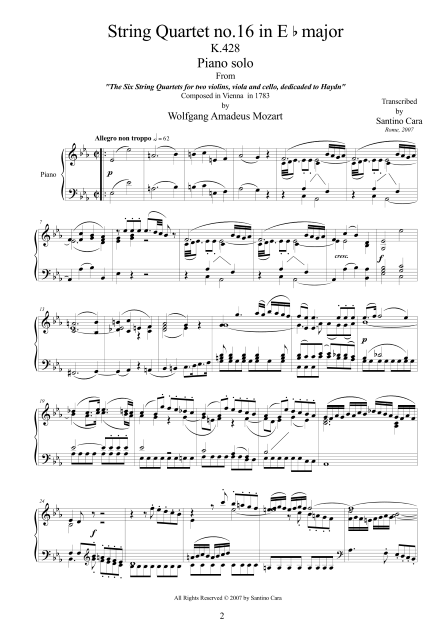 Mozart String Quartet No16 Piano Score