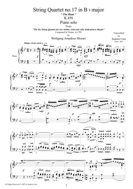 Mozart String Quartet No17 Piano Score