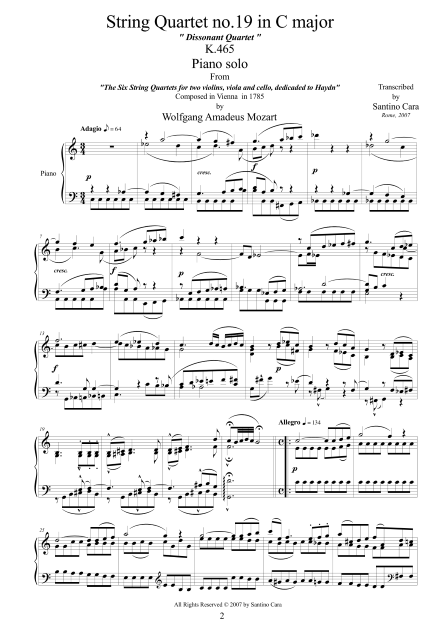 Mozart String Quartet No19 Piano Score