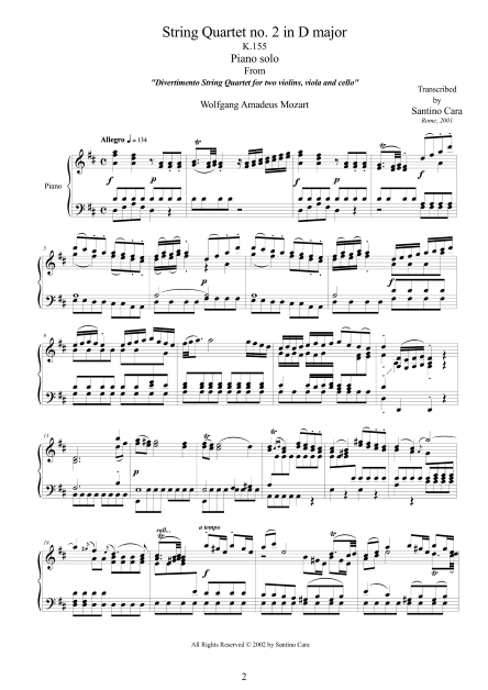 Mozart String Quartet No2 Piano Score