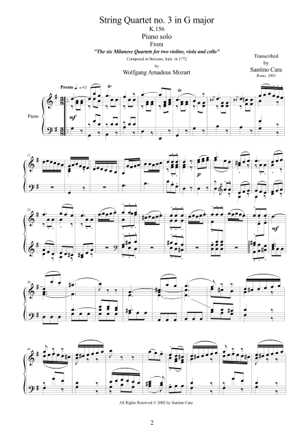 Mozart String Quartet No3 Piano Score