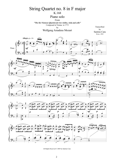 Mozart String Quartet No8 Piano Score