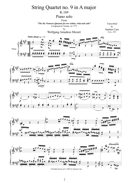 Mozart String Quartet No9 Piano Score