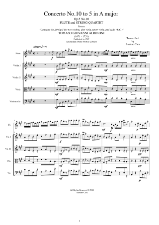 Albinoni Sheet Concerto No10 Flute and String Quartet