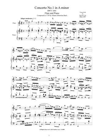 Bach Flute Concerto BWV1041 score and part