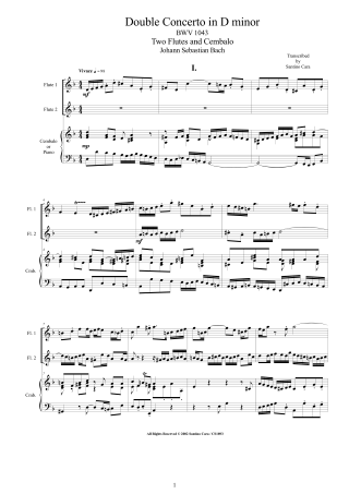 Bach Double Flute Concerto BWV1043 score and parts