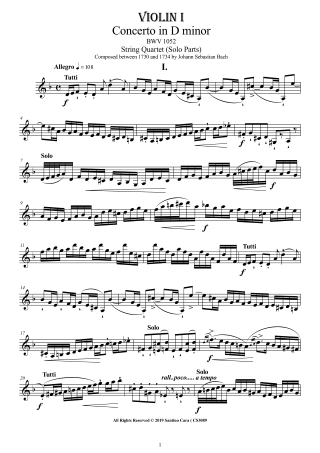 Bach Concerto BWV1052 for String Quartet pdf parts