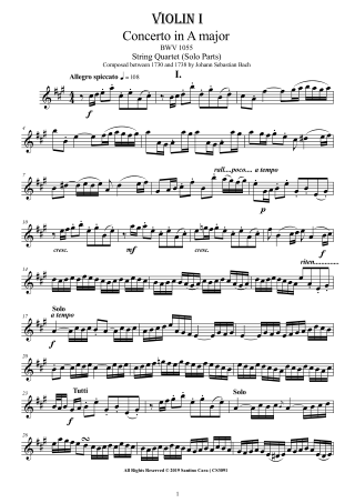 Bach Concerto BWV1055 for String Quartet pdf parts