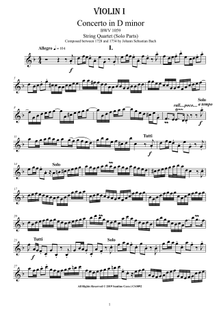 Bach Concerto BWV1059 for String Quartet pdf parts