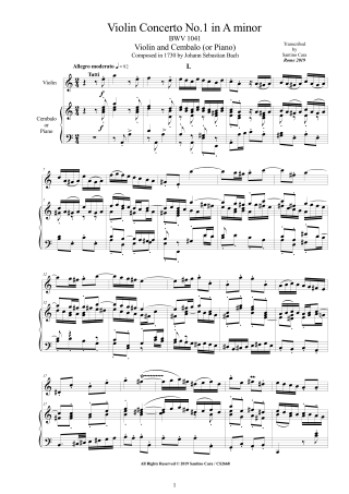 Bach Concerto No1 BWV1041 Score Violin and Piano