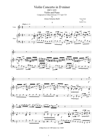 Bach Concerto BWV1059 Score Violin and Piano
