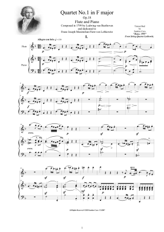 Beethoven Quartet No1 score flute and  piano