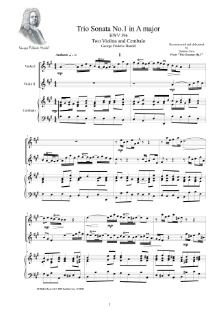 Handel Trio Sonata No1 Score Two Violins Harpsichord