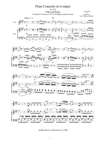 Mozart Concerto K622 score for Flute and Piano