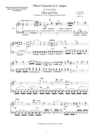 Mozart score pdf Concerto K314 for Oboe and Piano