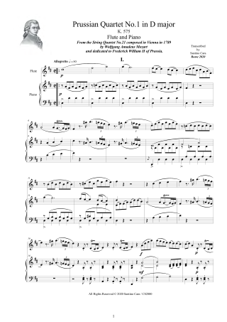 Mozart Quartet Score K575 for flute and piano