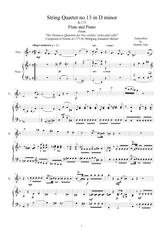 Mozart Quartet Score K173 for flute and piano