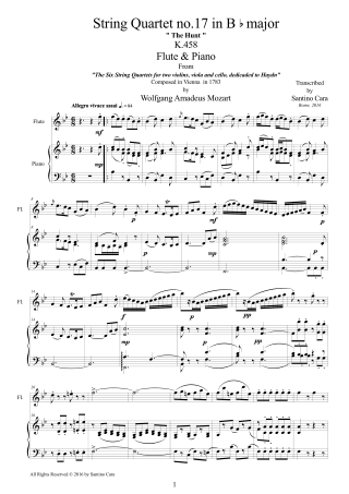 Mozart Quartet Score K458 for flute and piano