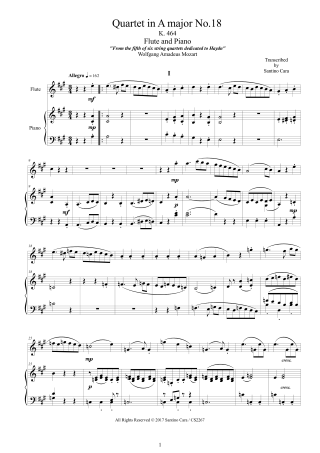 Mozart Quartet Score K464 for flute and piano