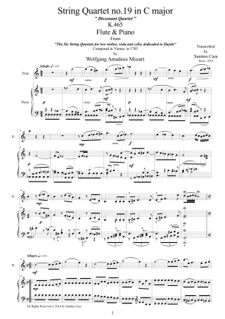 Mozart Quartet Score K465 for flute and piano