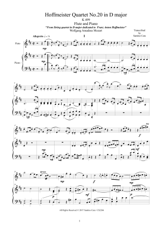 Mozart Quartet Score K499 for flute and piano