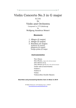 Mozart Violin Concerto No3 K216 Orchestra Score