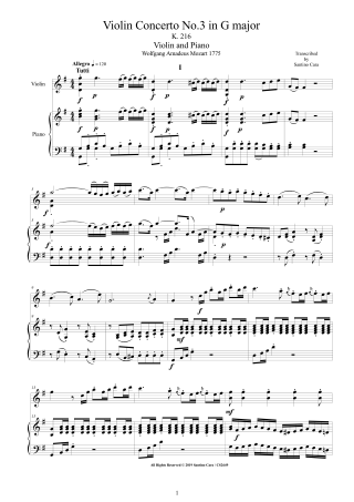 Mozart Concerto No3 K216 Score Violin Piano