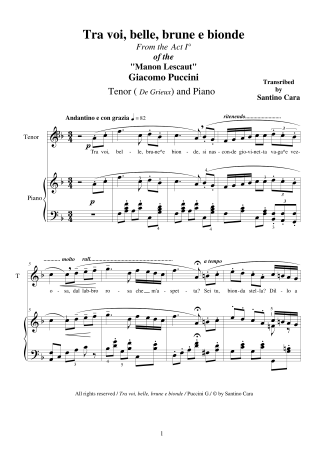 Score Puccini Tra voi belle