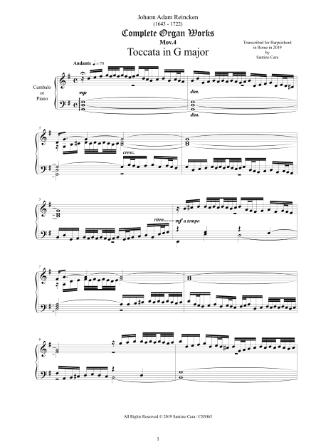 Reincken Toccata in G Harpsichord Score