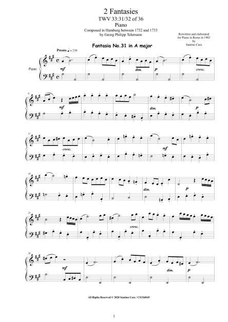 Telemann Fantasies 31-32 Piano Score