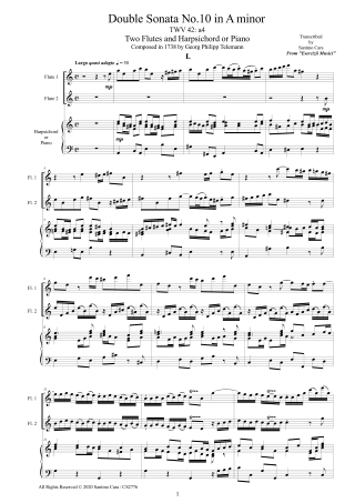 Telemann Sonata TWV42-a4 Score two flutes and Harpsichord