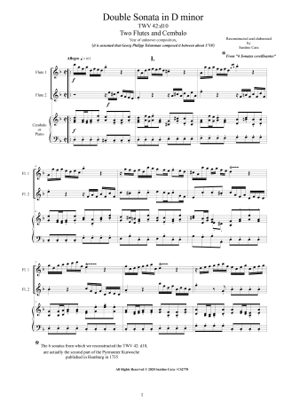 Telemann Sonata TWV42-d10 Score two flutes and Harpsichord