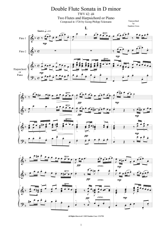 Telemann Sonata TWV42-d1 Score two flutes and Harpsichord