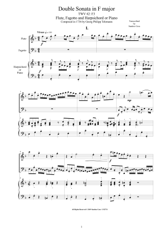 Telemann Sonata TWV42-F3 Score flute bassoon and Harpsichord