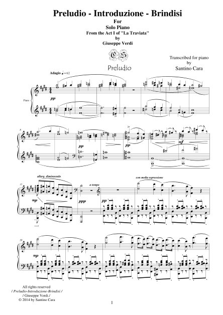 Verdi Traviata Preludio Introduzione Brindisi Piano Score