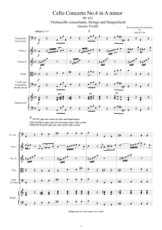 Vivaldi Concerto RV422 score cello and orchestra