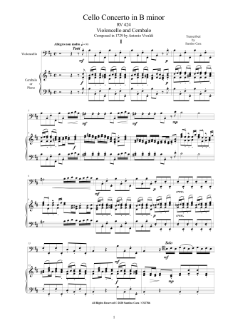 Vivaldi Concerto RV424 score Cello and Piano