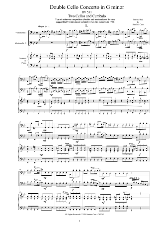 Vivaldi Double Concerto RV531 score Two Cellos and Piano