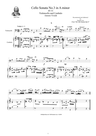 Vivaldi Sonata RV43 score for Cello and Piano