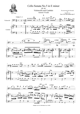 Vivaldi Sonata RV40 score for Cello and Piano