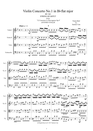 Vivaldi Concerto RV383 score and parts String Quartet