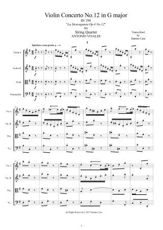 Vivaldi Concerto RV298 score and parts String Quartet