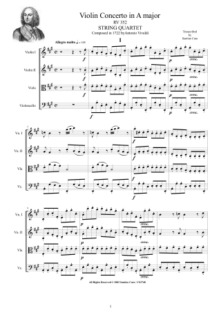 Vivaldi Concerto RV352 score and parts String Quartet