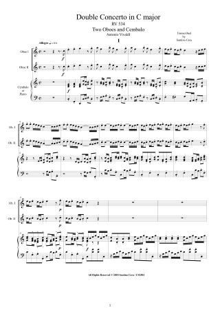 Concerto RV534 score pdf for Two Oboes and Piano